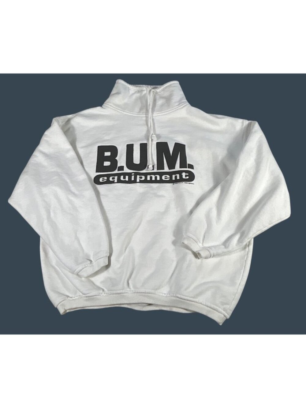 Vintage 1992 B.U.M. Equipment White Pullover Sweatshirt M Black Logo Funnel Neck